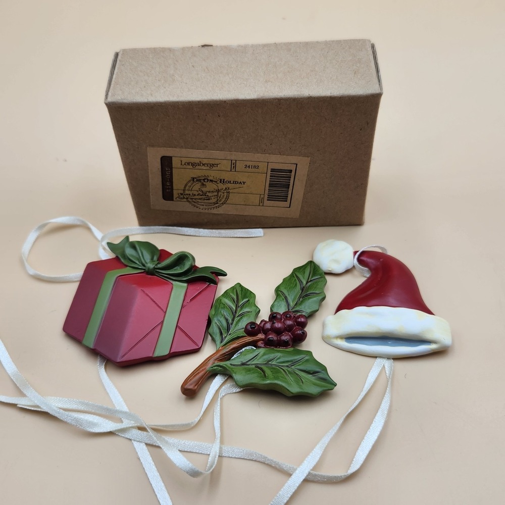 Longaberger Basket Tie On 3pc Holiday Christmas Set Santa Hat Gift Holly 24182